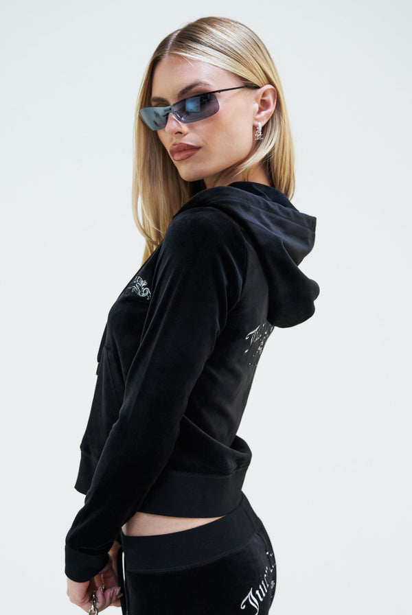 BLACK ARCH EMBROIDERED ZIP THROUGH CLASSIC VELOUR HOODIE