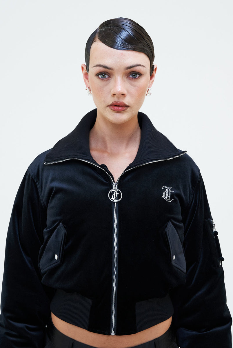 Black velour 2024 bomber jacket