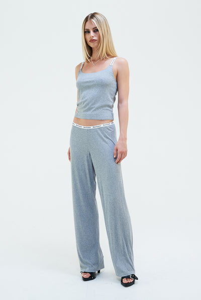 SILVER MARL RIBBED FLARE CONTRAST WAISTBAND PANTS