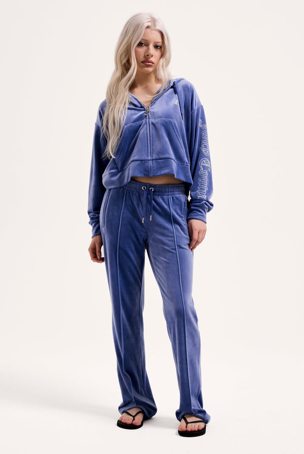 GREY BLUE VELOUR OUTLINE DIAMANTÉ TRACKSUIT BOTTOM