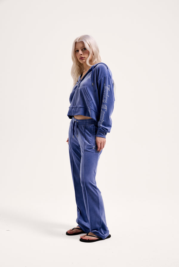 GREY BLUE VELOUR OUTLINE DIAMANTÉ TRACKSUIT BOTTOM