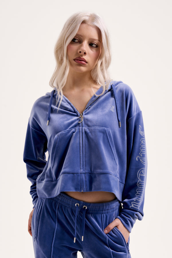 GREY BLUE OUTLINE DIAMANTE OVERSIZED CROPPED HOODIE