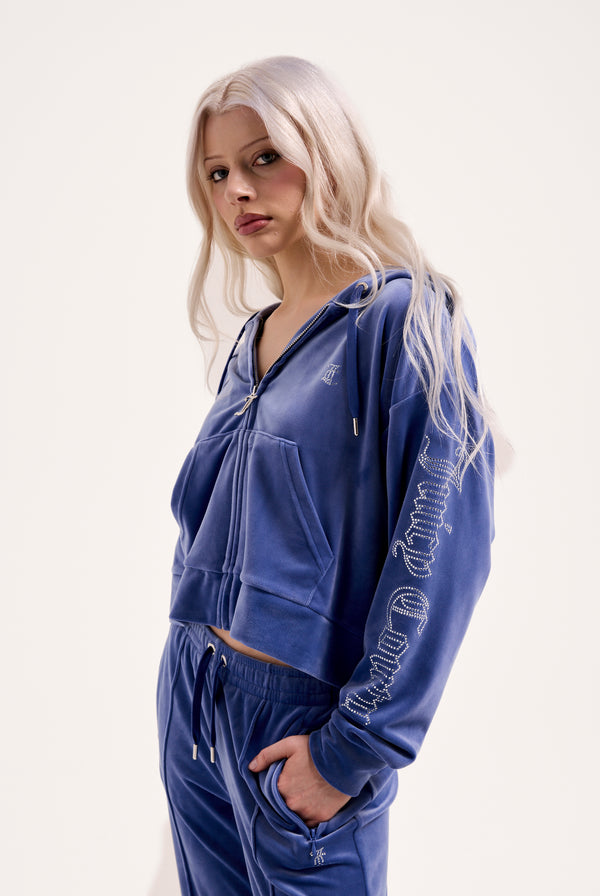 GREY BLUE OUTLINE DIAMANTE OVERSIZED CROPPED HOODIE