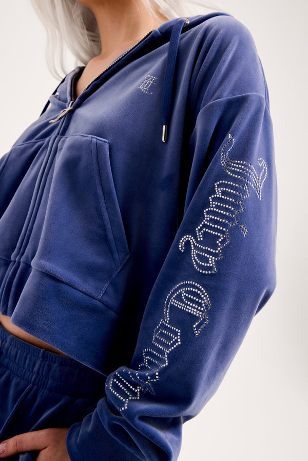 GREY BLUE OUTLINE DIAMANTE OVERSIZED CROPPED HOODIE