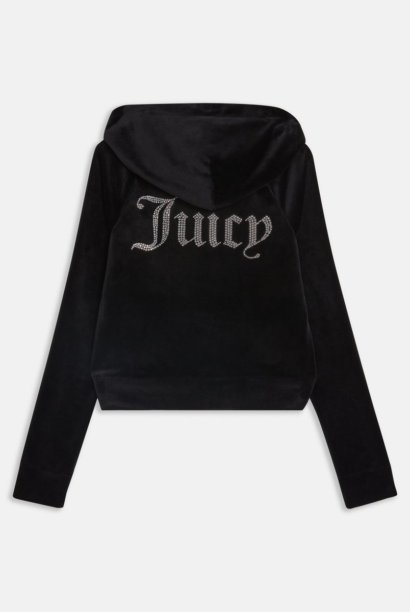 BLACK DIAMANTE VELOUR ZIP THROUGH HOODIE