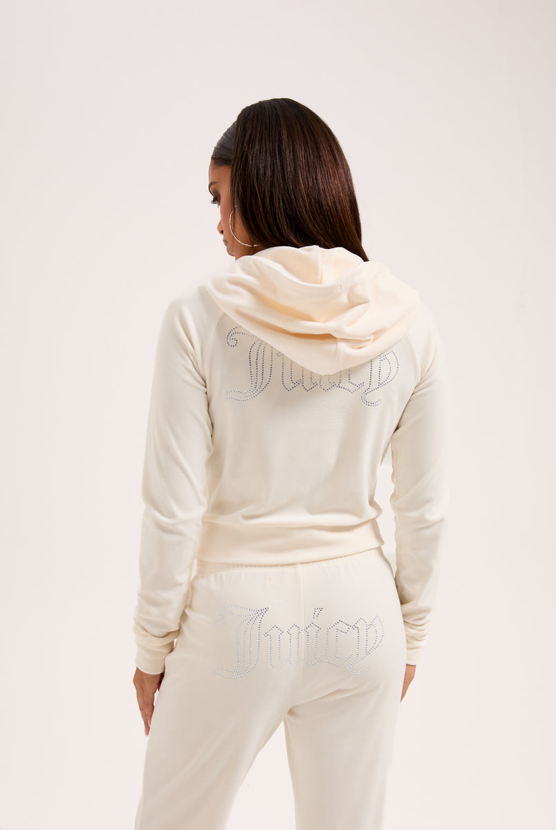 Cream Velour Diamanté Zip-Through Hoodie – Juicy Couture UK
