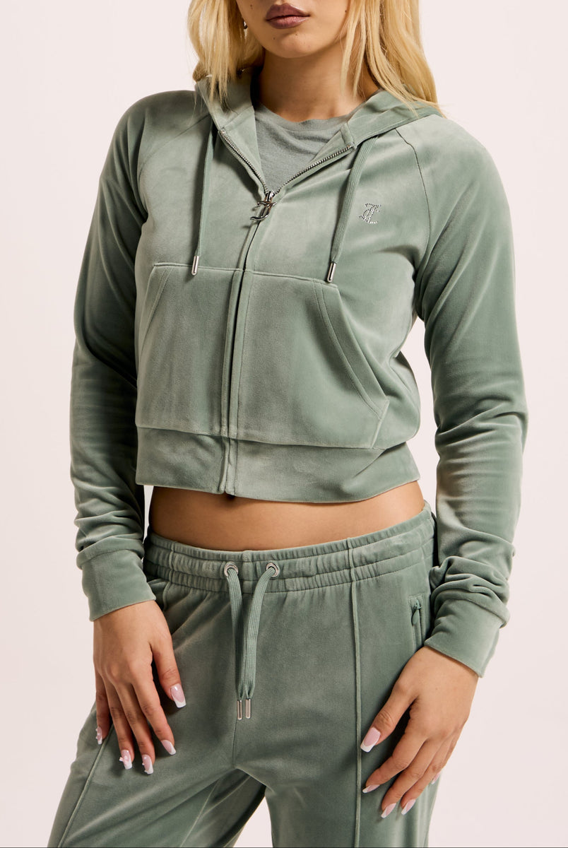 CHINOIS GREEN DIAMANTÉ VELOUR ZIP-THROUGH HOODIE – Juicy Couture UK