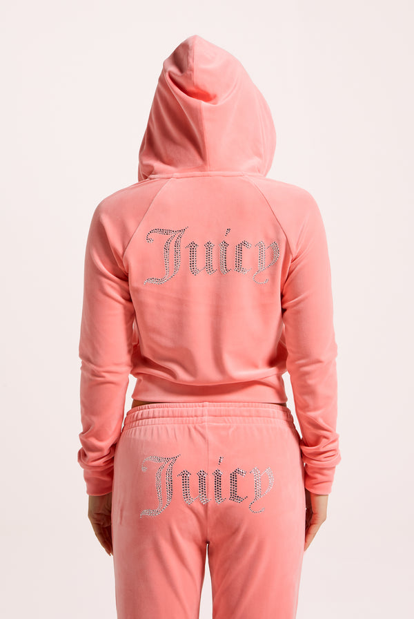 GEORGIA PEACH DIAMANTÉ VELOUR ZIP-THROUGH HOODIE