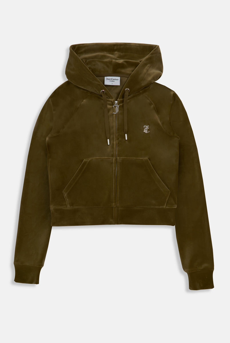 DARK OLIVE DIAMANTE VELOUR ZIP THROUGH HOODIE Juicy Couture UK