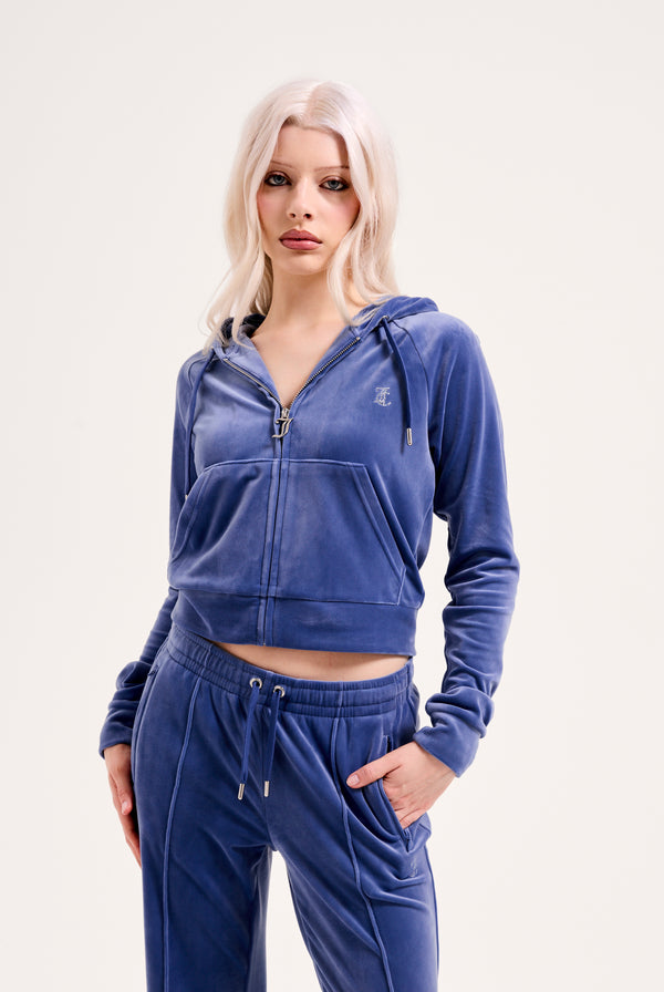GREY BLUE DIAMANTÉ VELOUR ZIP-THROUGH HOODIE