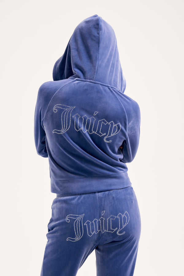 GREY BLUE DIAMANTÉ VELOUR ZIP-THROUGH HOODIE