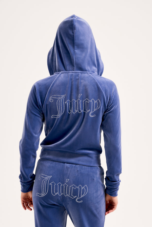 GREY BLUE DIAMANTÉ VELOUR ZIP-THROUGH HOODIE