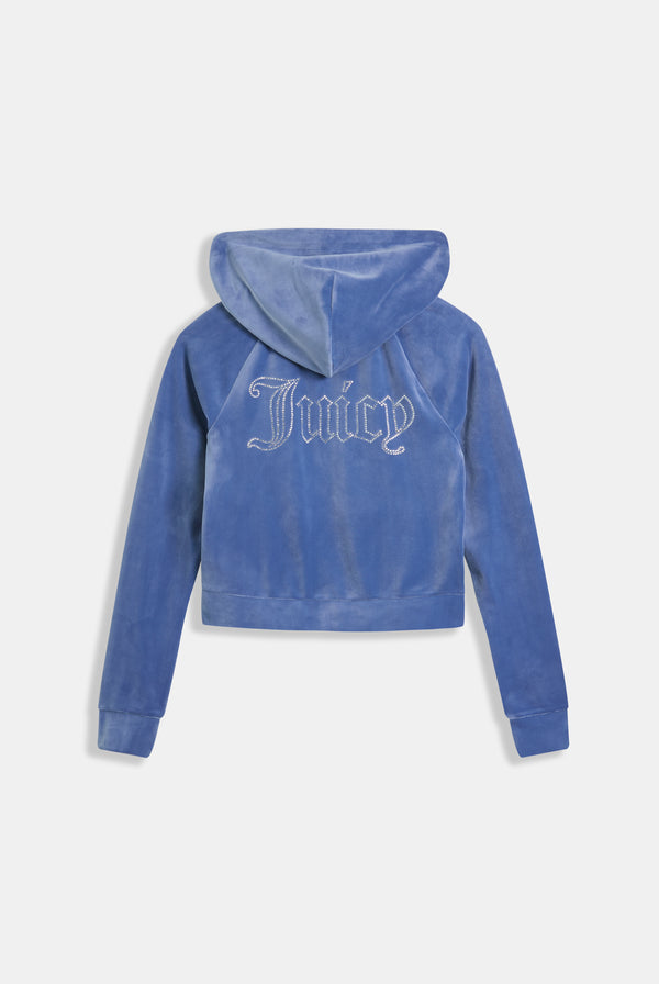 GREY BLUE DIAMANTÉ VELOUR ZIP-THROUGH HOODIE