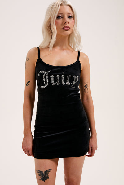 BLACK DIAMANTE VELOUR STRAPPY DRESS