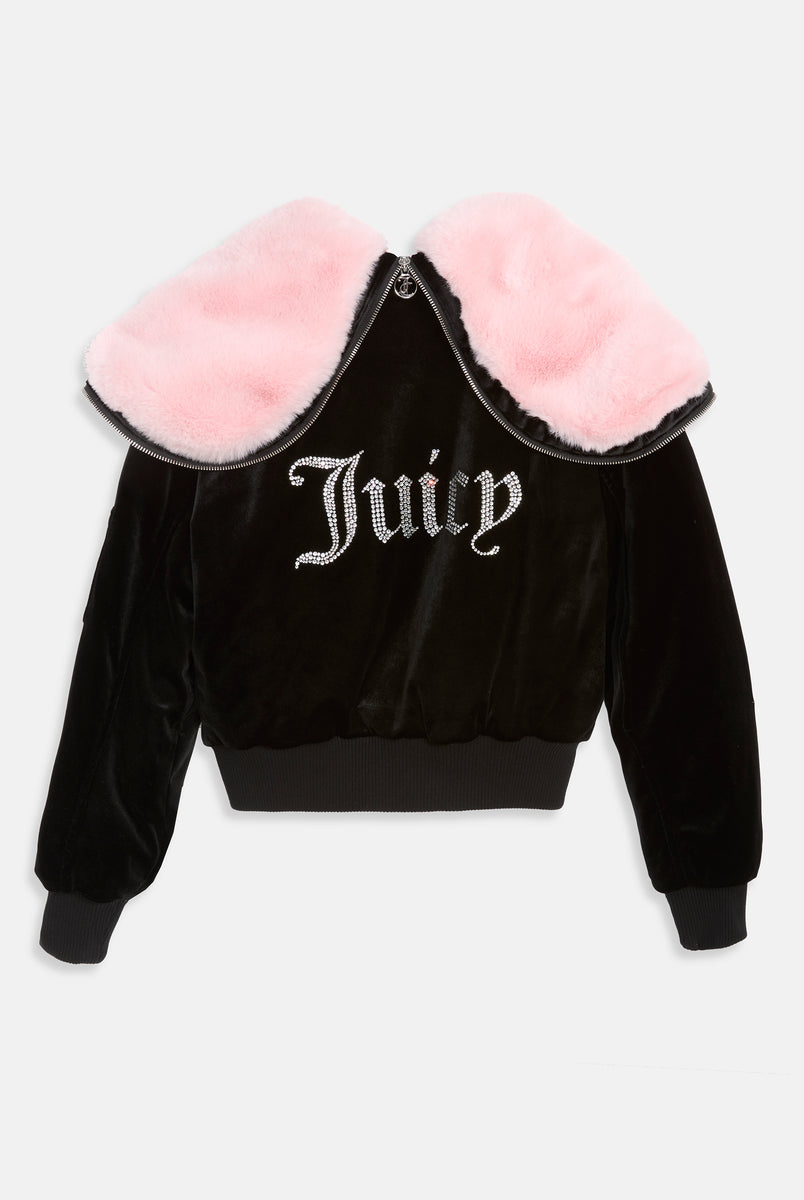 BLACK VELOUR DIAMANTE BOMBER JACKET WITH FUR LINED HOOD