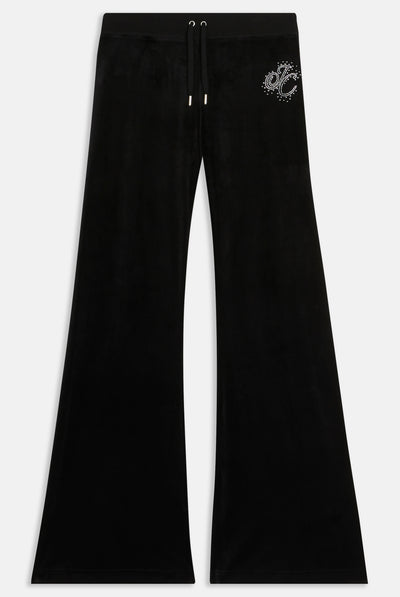 BLACK LOW RISE VELOUR SCATTER DIAMANTE FLARED JOGGERS