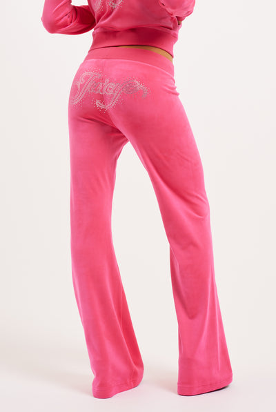PINK GLO LOW RISE VELOUR SCATTER BEAD FLARED JOGGERS