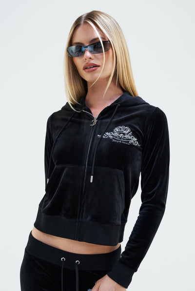 BLACK ARCH EMBROIDERED ZIP THROUGH CLASSIC VELOUR HOODIE