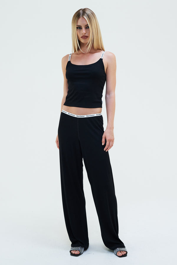 BLACK RIBBED FLARE CONTRAST WAISTBAND PANTS