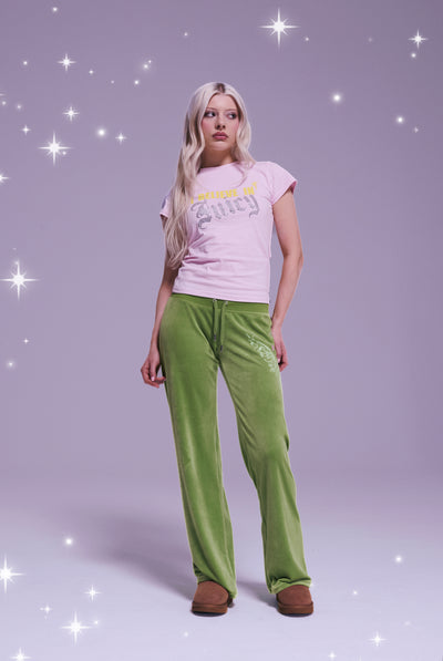 DISNEY | PIQUANT GREEN PRINTED VELOUR LOW RISE FLARE