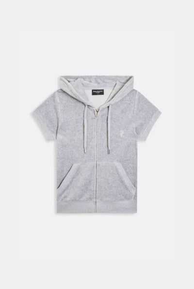 SILVER MARL COTTON VELOUR SHORT SLEEVE HOODIE