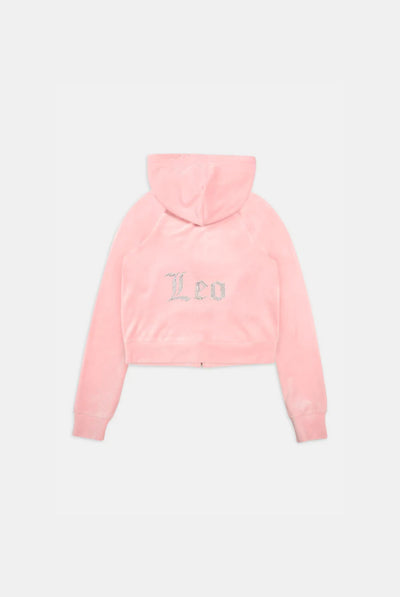 'LEO' JUICY PINK DIAMANTÉ VELOUR ZIP-THROUGH HOODIE