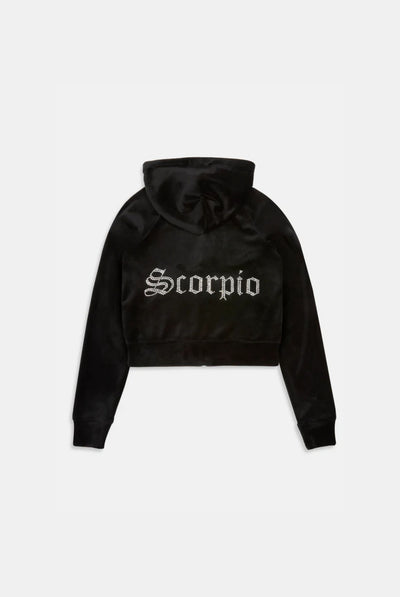 'SCORPIO' BLACK DIAMANTÉ VELOUR ZIP-THROUGH HOODIE