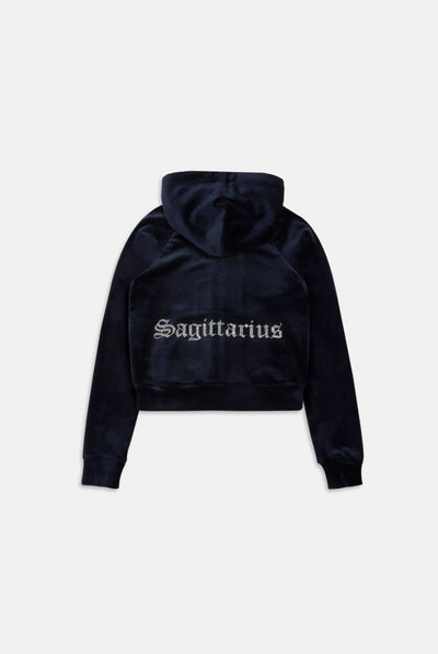 'SAGITTARIUS' NIGHT SKY DIAMANTÉ VELOUR ZIP-THROUGH HOODIE