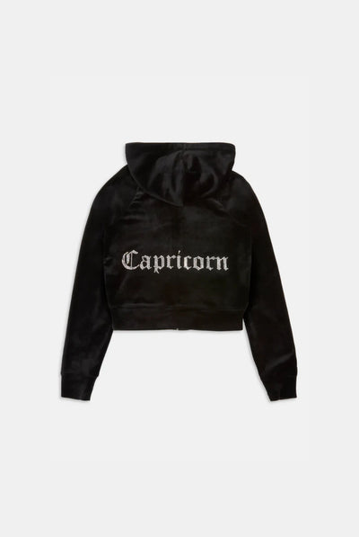 'CAPRICORN' BLACK DIAMANTÉ VELOUR ZIP-THROUGH HOODIE