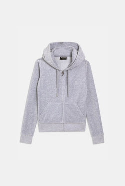 A silver marl classic velour hooded hoodie with a slim fit, featuring a kangaroo pockets and a self-fabric lined hood, zip through the front, and a gothic J zip pull.