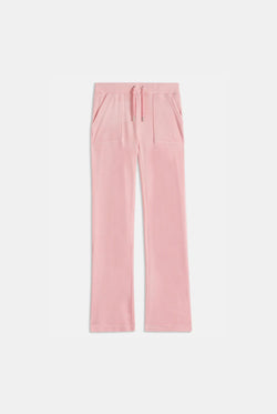 Displays the Juicy Pink Classic 'Juicy' branded velour del ray pocketed bottoms