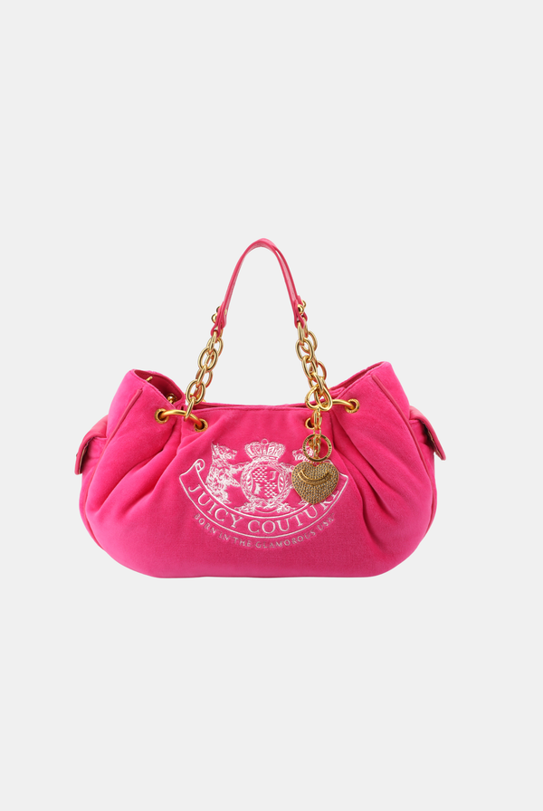 PINK YARROW CHAIN HANDLE DAYDREAMER CREST VELOUR BAG