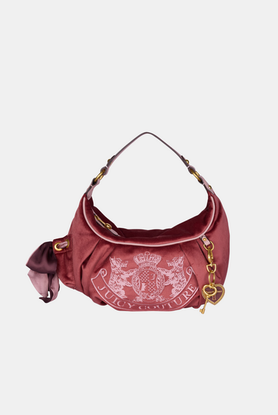 DARK RED CREST VELOUR HOBO BAG