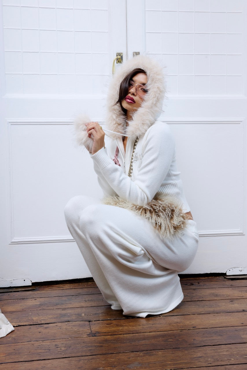 Cream Knitted Fur Trim Hoodie