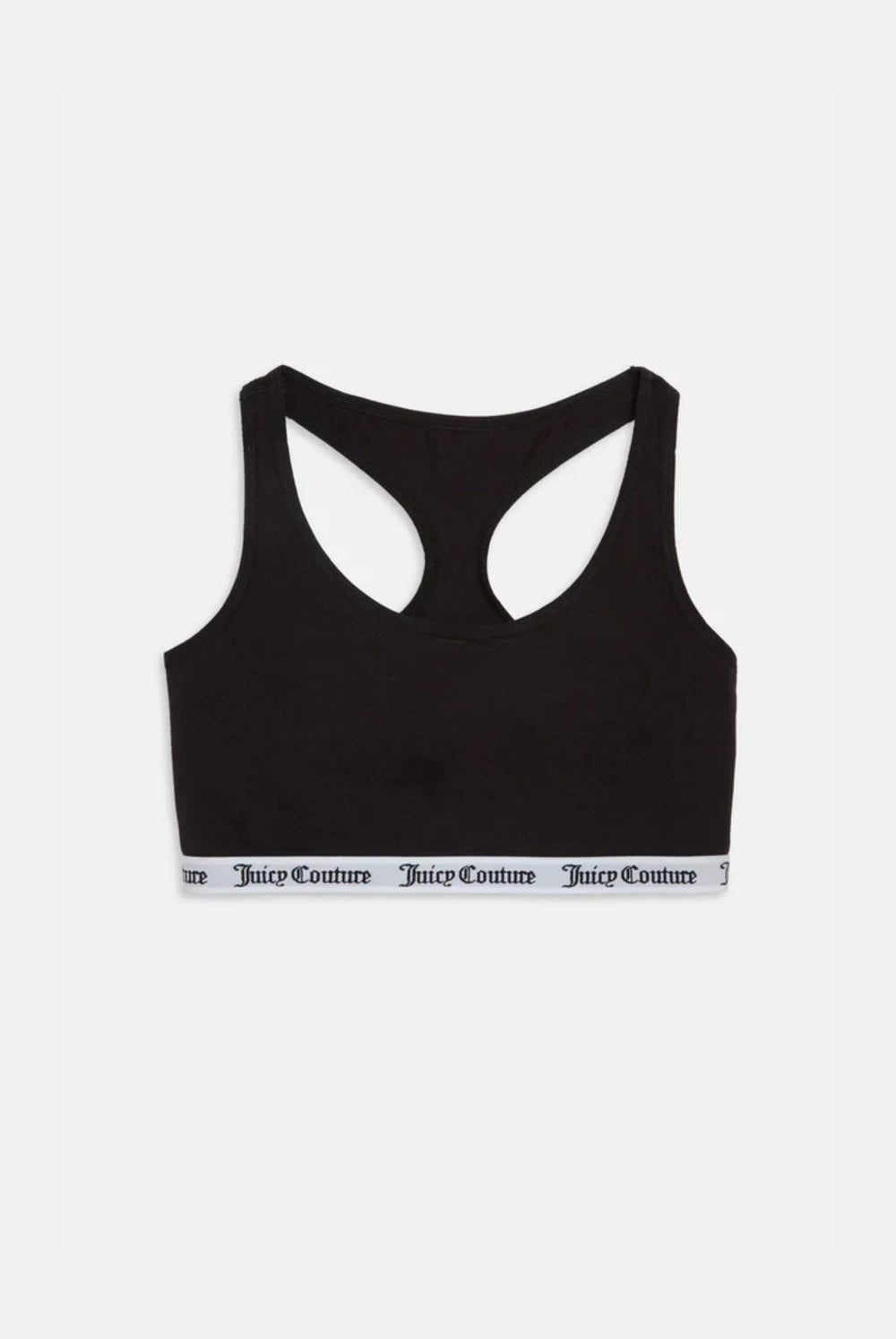 Displays the Black 'juicy' branded cotton bralette