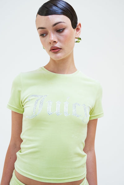 LIME GREEN VELOUR DIAMANTE FITTED TEE