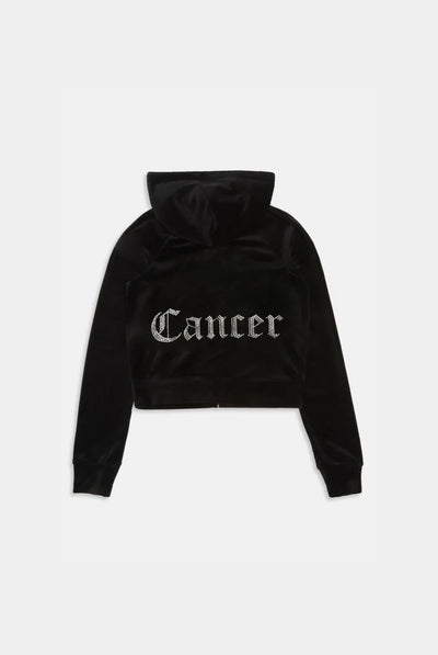 CANCER' BLACK DIAMANTÉ VELOUR ZIP-THROUGH HOODIE