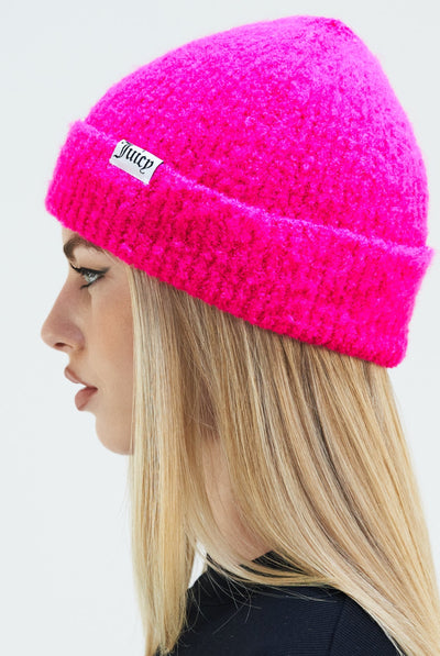 PINK GLO FLUFFY KNIT PATCH BEANIE