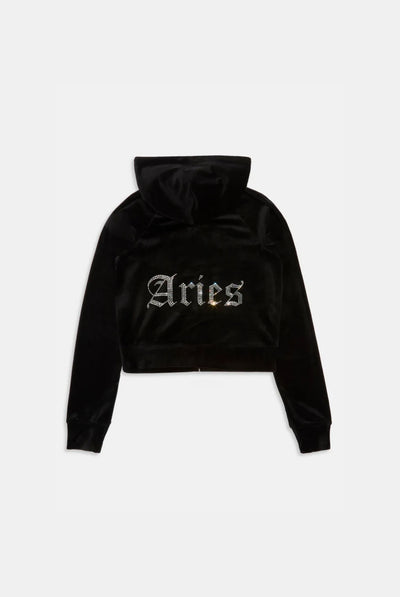 ARIES' BLACK DIAMANTÉ VELOUR ZIP-THROUGH HOODIE