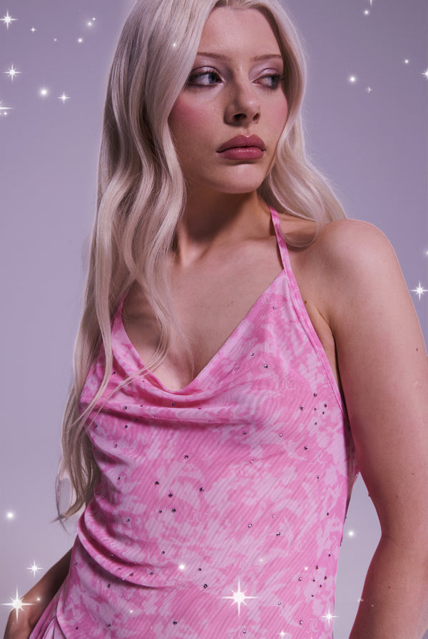 DISNEY | BEGONIA PINK DIAMANTE MESH HALTER DRESS