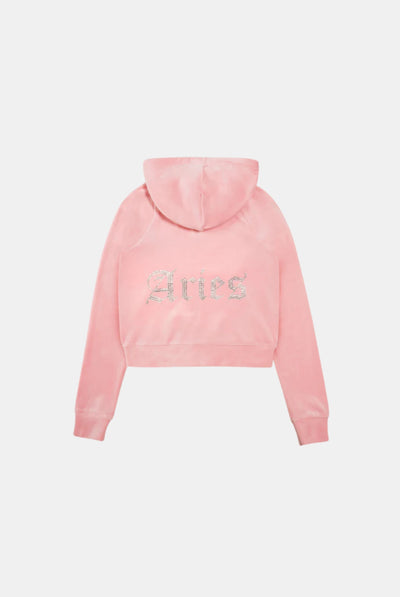 'ARIES' JUICY PINK DIAMANTÉ VELOUR ZIP-THROUGH HOODIE