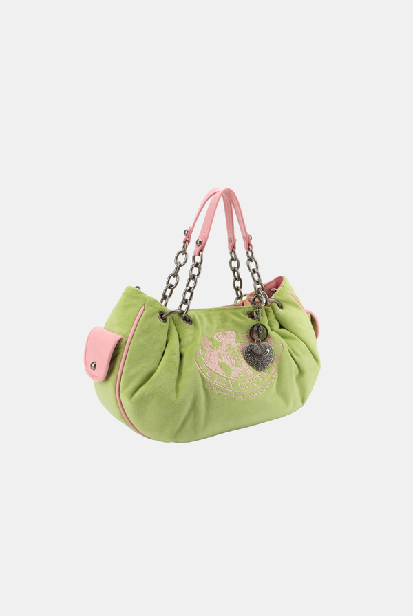 PISTACHIO GREEN CHAIN HANDLE DAYDREAMER CREST VELOUR BAG