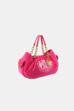 Displays the Pink Yarrow 'Juicy' Chain Handle DayDreamer Crest Velour Bag