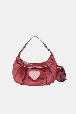 Displays the Dark Red 'Crest' velour hobo bag 