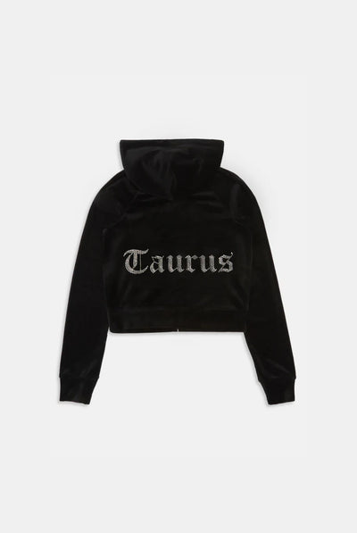 TAURUS' BLACK DIAMANTÉ VELOUR ZIP-THROUGH HOODIE