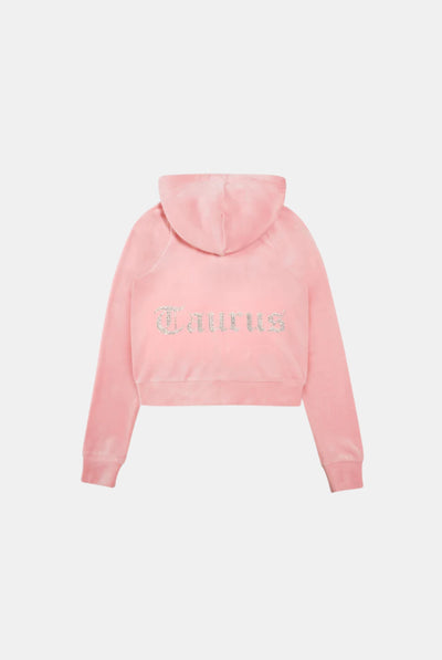 'TAURUS' JUICY PINK DIAMANTÉ VELOUR ZIP-THROUGH HOODIE