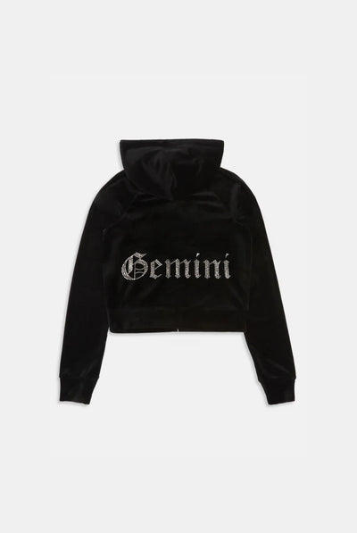 GEMINI' BLACK DIAMANTÉ VELOUR ZIP-THROUGH HOODIE