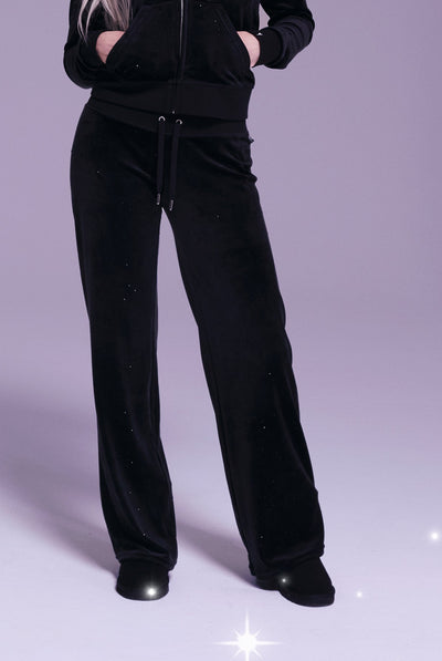 DISNEY | BLACK ALL OVER DIAMANTE VELOUR LOW RISE FLARE