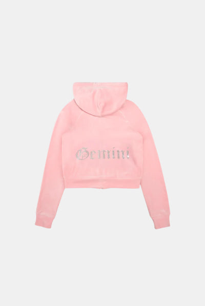 'GEMINI' JUICY PINK DIAMANTÉ VELOUR ZIP-THROUGH HOODIE