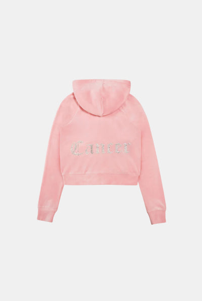 CANCER' CANDY PINK DIAMANTÉ VELOUR ZIP-THROUGH HOODIE